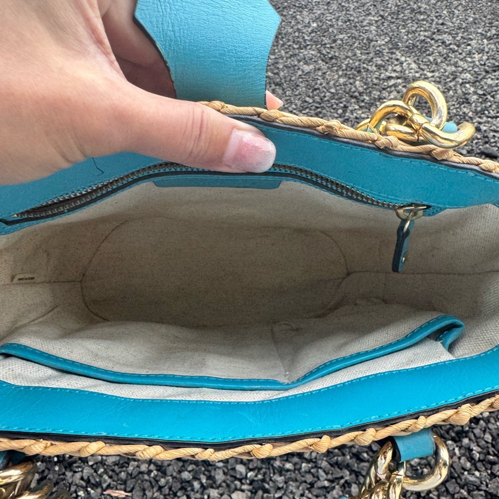 Michael Kors Straw Woven Tote Bag Turquoise Leather Gold Chain Small Summer Bag - Picture 12 of 14